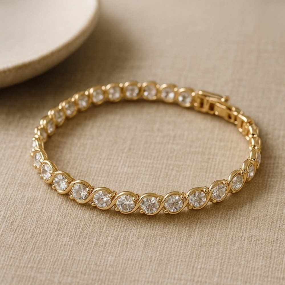 7" Vintage 14k Gold Over Sterling CZ Multi-faceted Tennis bracelet EUC #184